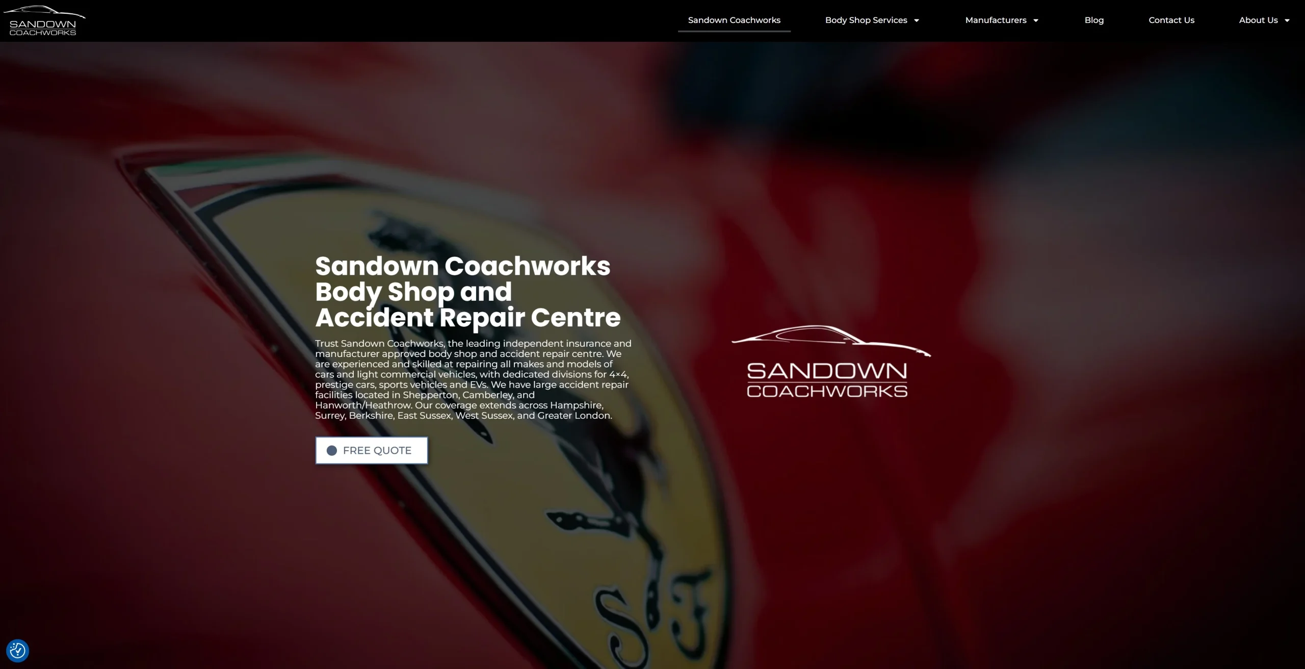 Sandown Coachworks website, a 180-page WordPress build by Landmark Web Design